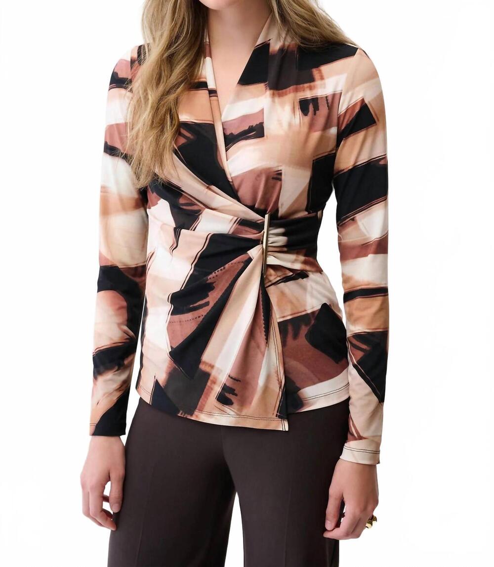 NEW JOSEPH RIBKOFF abstract print faux wrap top in black/brown